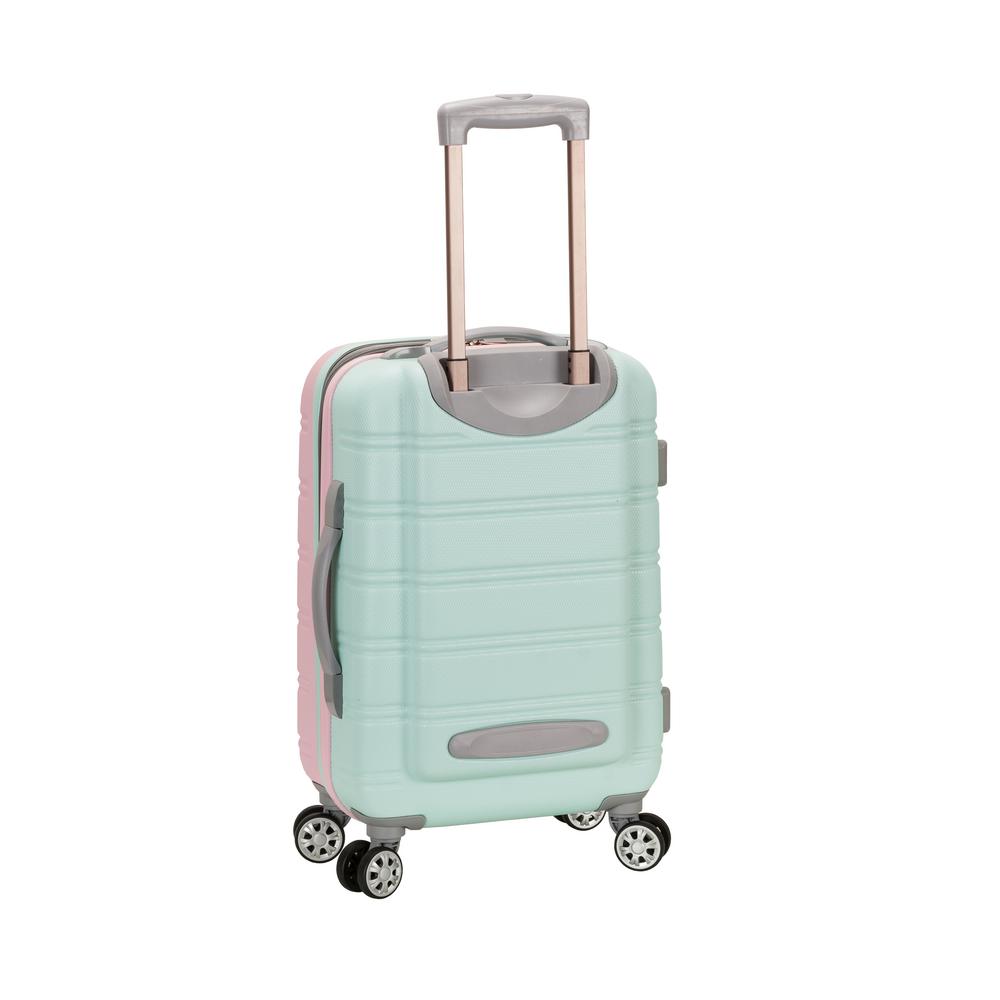 pink and green luggage with wheels