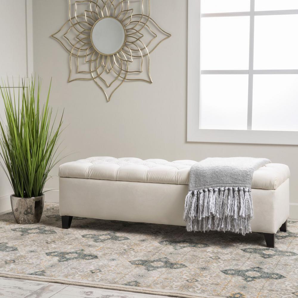 Noble House Ivory Tufted Fabric Storage Bench 10215 The Home Depot