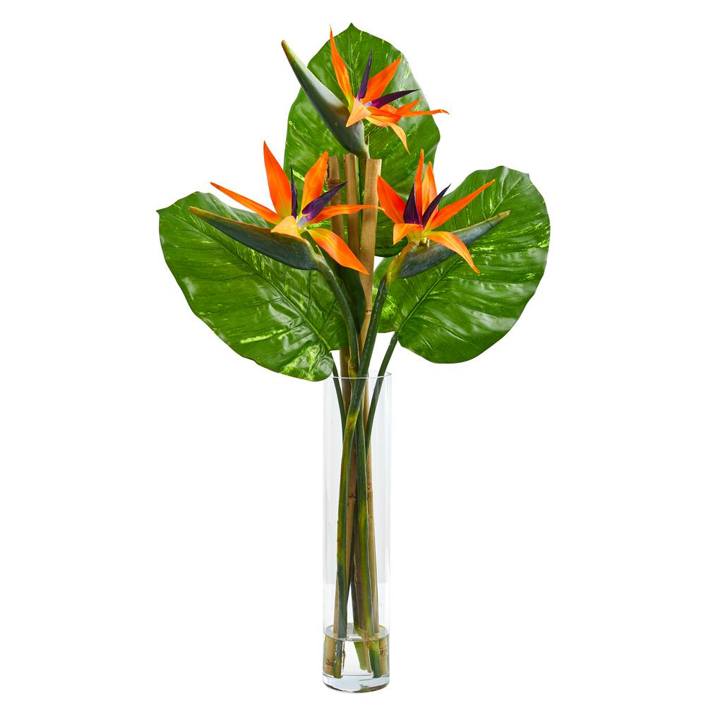 Nearly Natural Indoor Bird Of Paradise Artificial Arrangement In Cylinder Vase 1739 The Home Depot