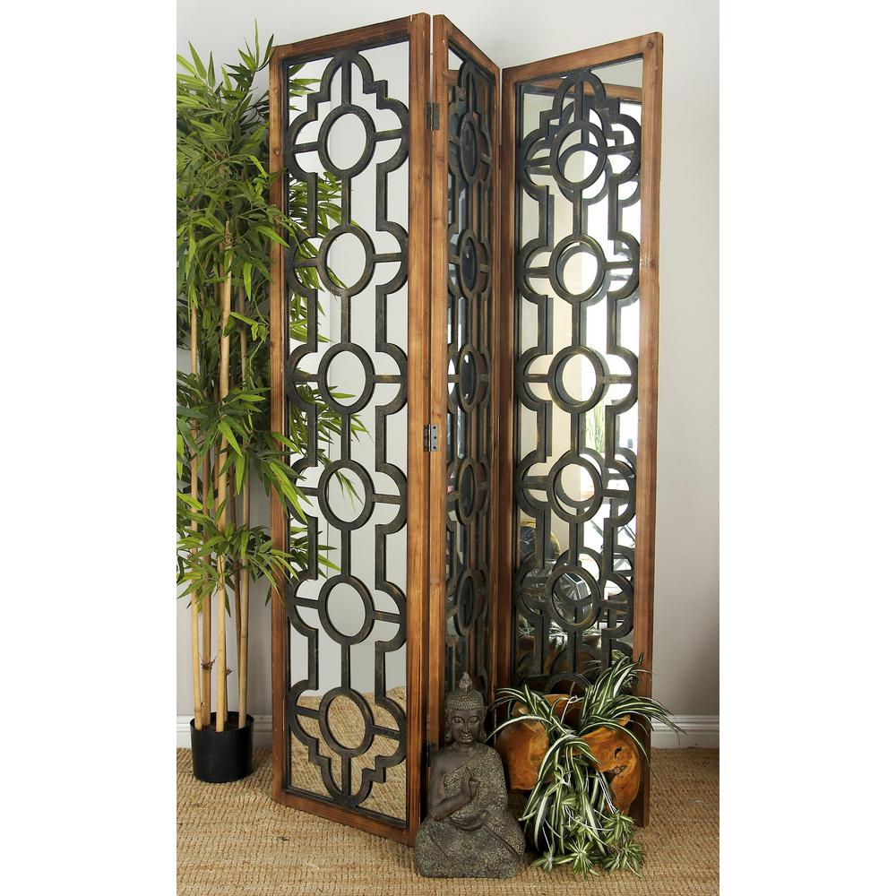 6 08 Ft Distressed Brown Matte Black Wood And Reflective Mirror 3 Panel Room Divider