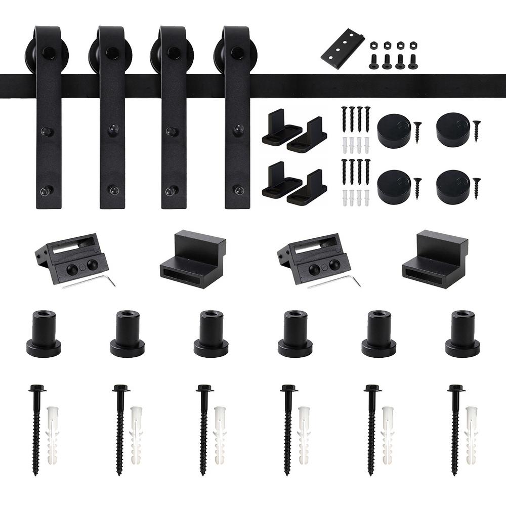 Winsoon 90 In Frosted Black Sliding Barn Door Hardware Track Kit For Double Doors With Non Routed Floor Guide