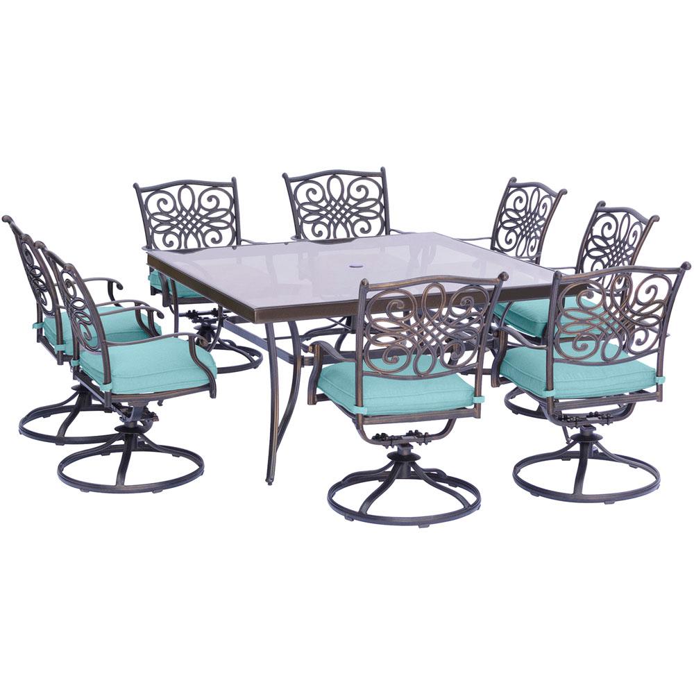 8 9 Person Patio Dining Furniture The Home Depot Traditions 9 Piece Aluminum Outdoor Dining Set With Square Glass Top
