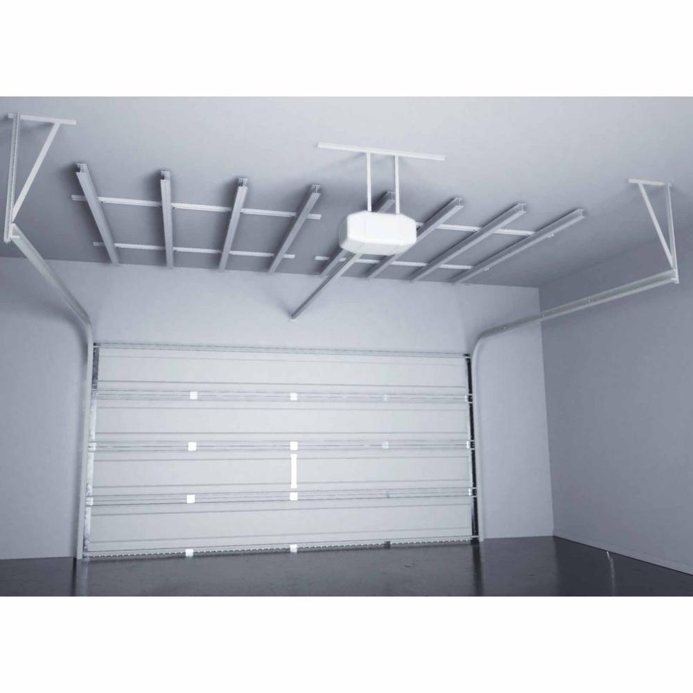 Multi Channel Adjustable Tote Ceiling Mount Slide Overhead Garage Storage Rack Storage Tote Capacity In White Mult Chanbox Dim The Home Depot