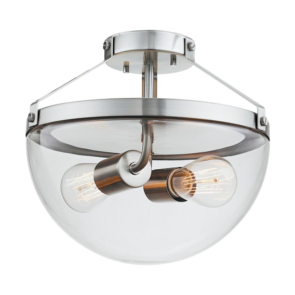 Globe Electric Belsize 2 Light Brushed Steel Semi Flush Mount Ceiling Light With Clear Glass Shade