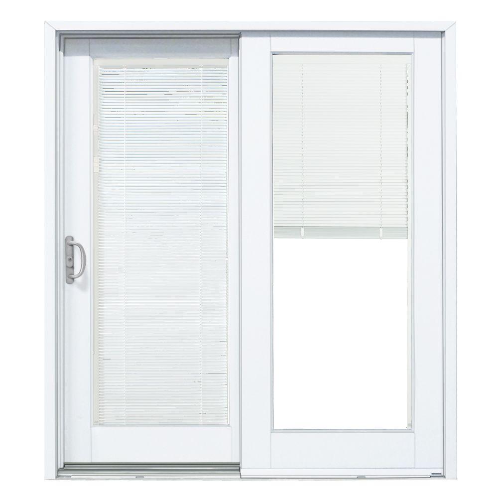 Mp Doors 60 In X 80 In Woodgrain Interior Smooth White Exterior Left Hand Composite Pg50 Sliding Patio Door Built In Blinds