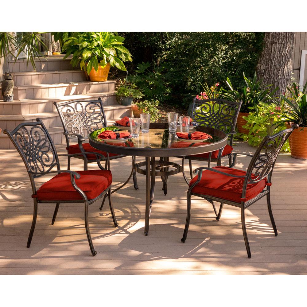 Hanover Traditions 5-Piece Metal Outdoor Dining Set with Red Cushions