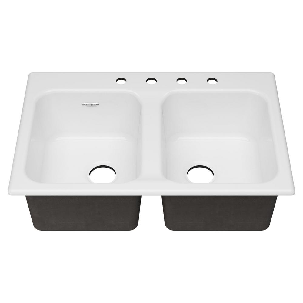 American Standard Quince Top Mount Cast Iron 33 In 4 Hole Double Bowl Kitchen Sink In Brilliant White