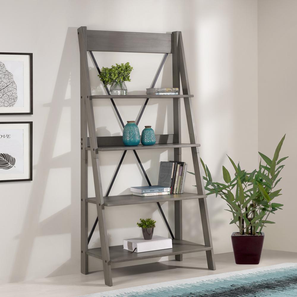 Adeptus 62.2 in. Black Wood 5-shelf Ladder Bookcase with ...