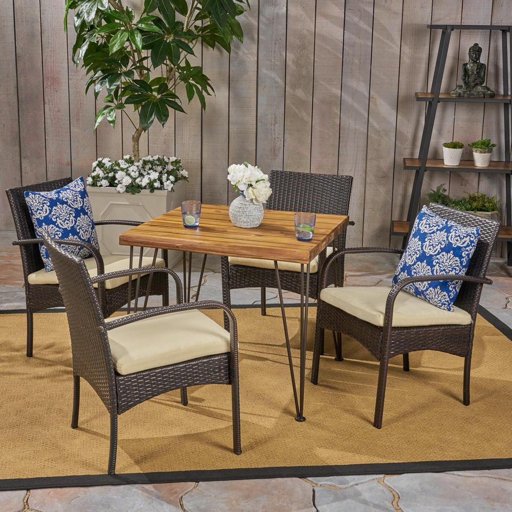 Noble House Clayton Multi Brown 5 Piece Wood And Wicker Outdoor Dining Set With Cream Cushions 53081 The Home Depot