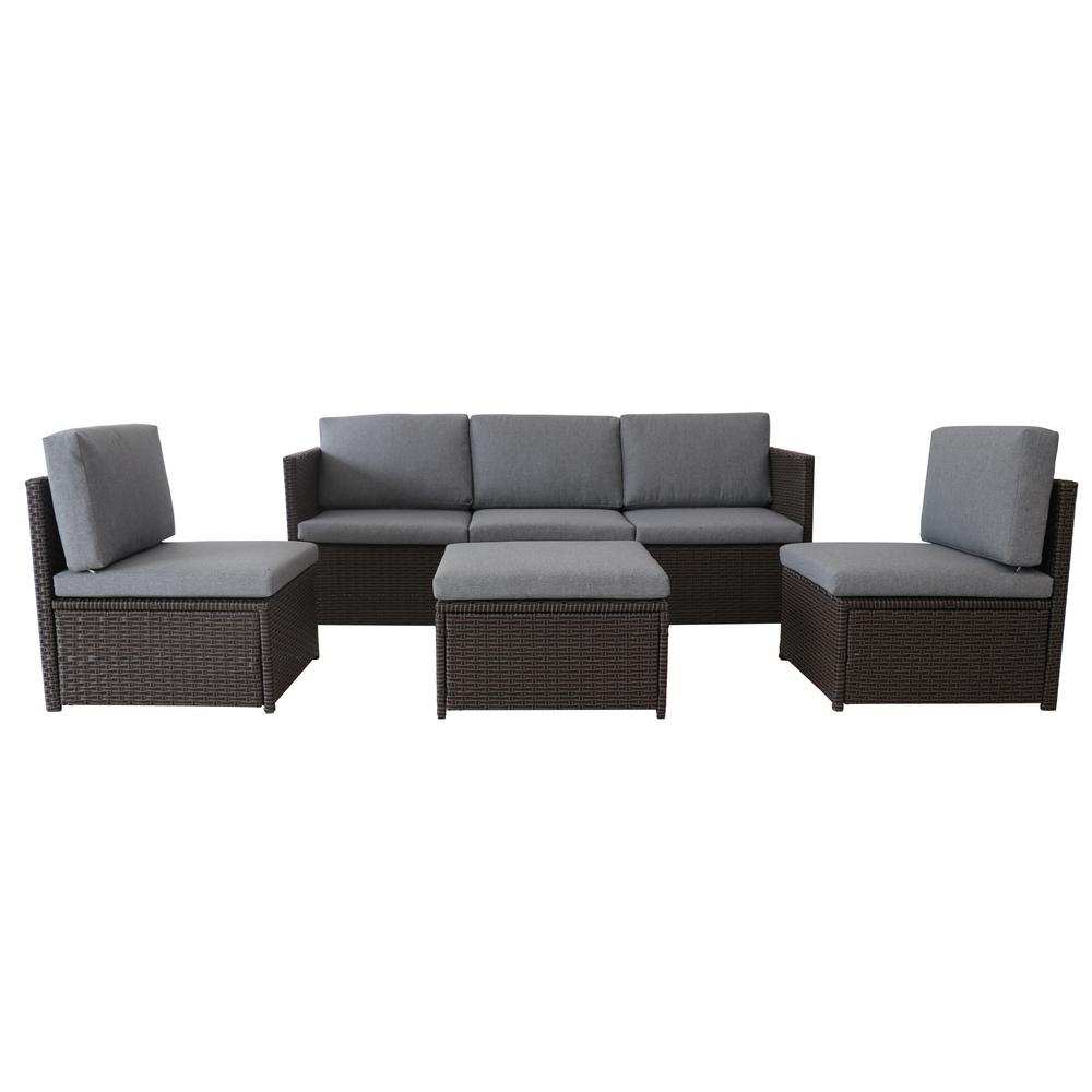 Patio Pe Wicker Furniture Set 4 Pieces Outdoor Brown Rattan Sectional Conversation Sofa Chair With Storage Box Table And Royal Blue Cushions Patio Lawn Garden Patio Seating