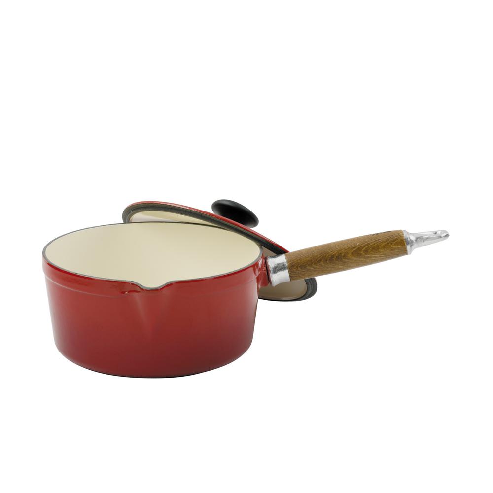 Chasseur 1.3 Qt. Red French Enameled Cast Iron Saucepan with Lid and