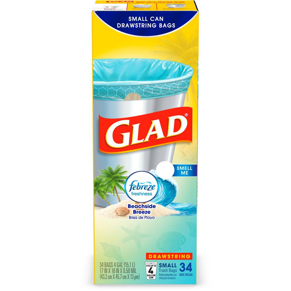 Glad Odor Shield 4 Gal Beachside Breeze Small Drawstring Trash Bags 34 Count