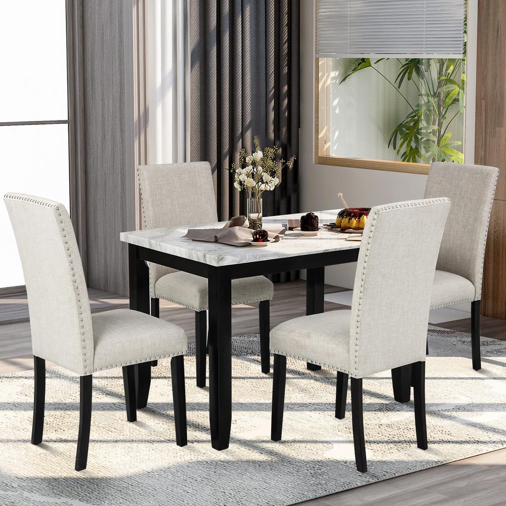 Harper & Bright Designs Faux Marble White 5-Piece Dining ...