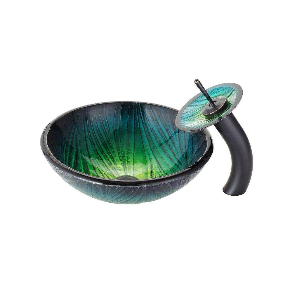 Green Kraus Vessel Sinks Bathroom The Home Depot Nei Glass Vessel Sink In Green With Waterfall Faucet Oil Rubbed Bronze
