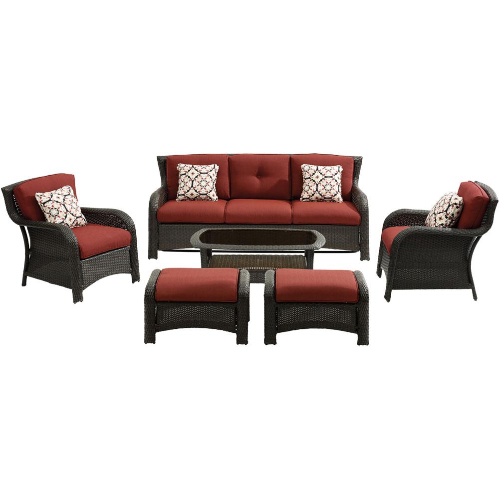 Hanover Strathmere 6 Piece Wicker Patio Conversation Set With Hanover Strathmere 6 Piece Wicker Patio Conversation Set With Crimson Red Cushions