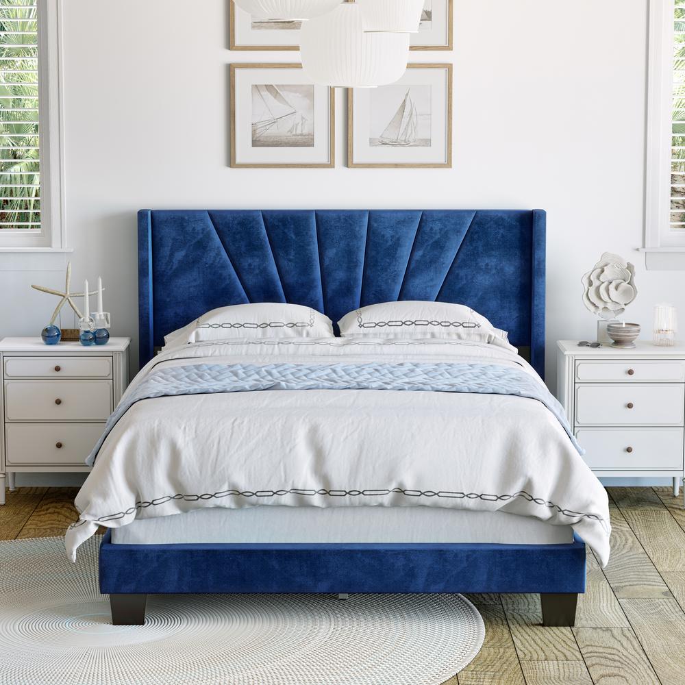 RestRite Vera Light Blue Velvet King Upholstered Platform Bed Frame