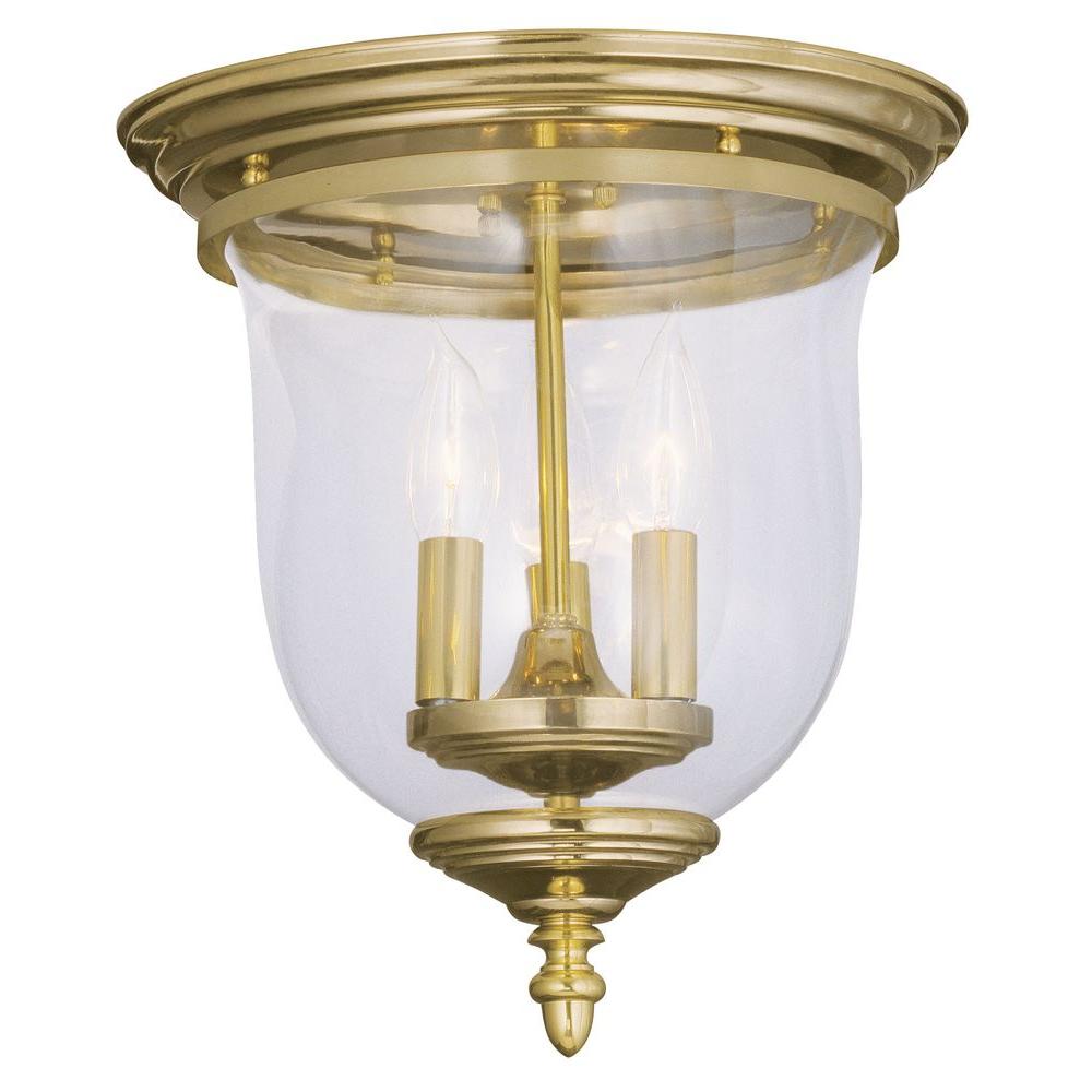 Photo 1 of 3-Light Bright Brass Flush Mount with Clear Glass