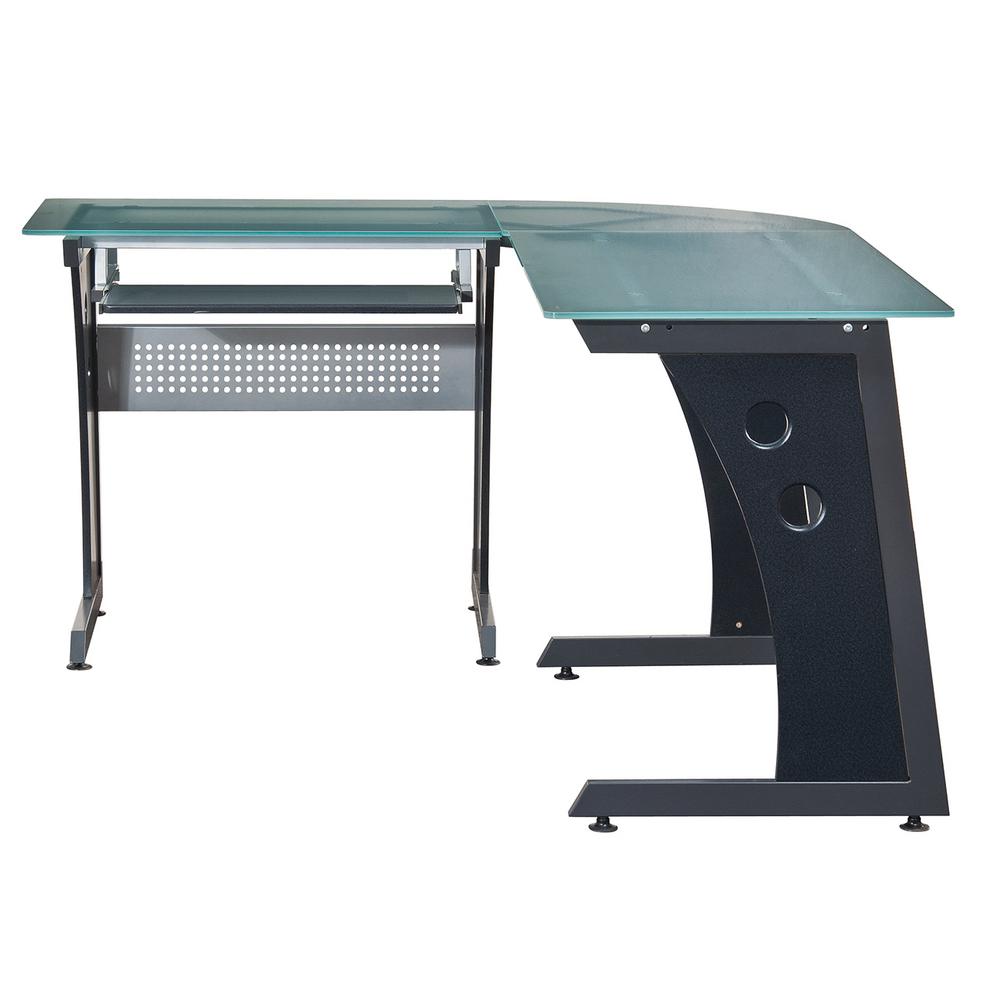 Graphite Deluxe L-Shaped Tempered Frosted Glass Top Computer Desk with Pull Out...