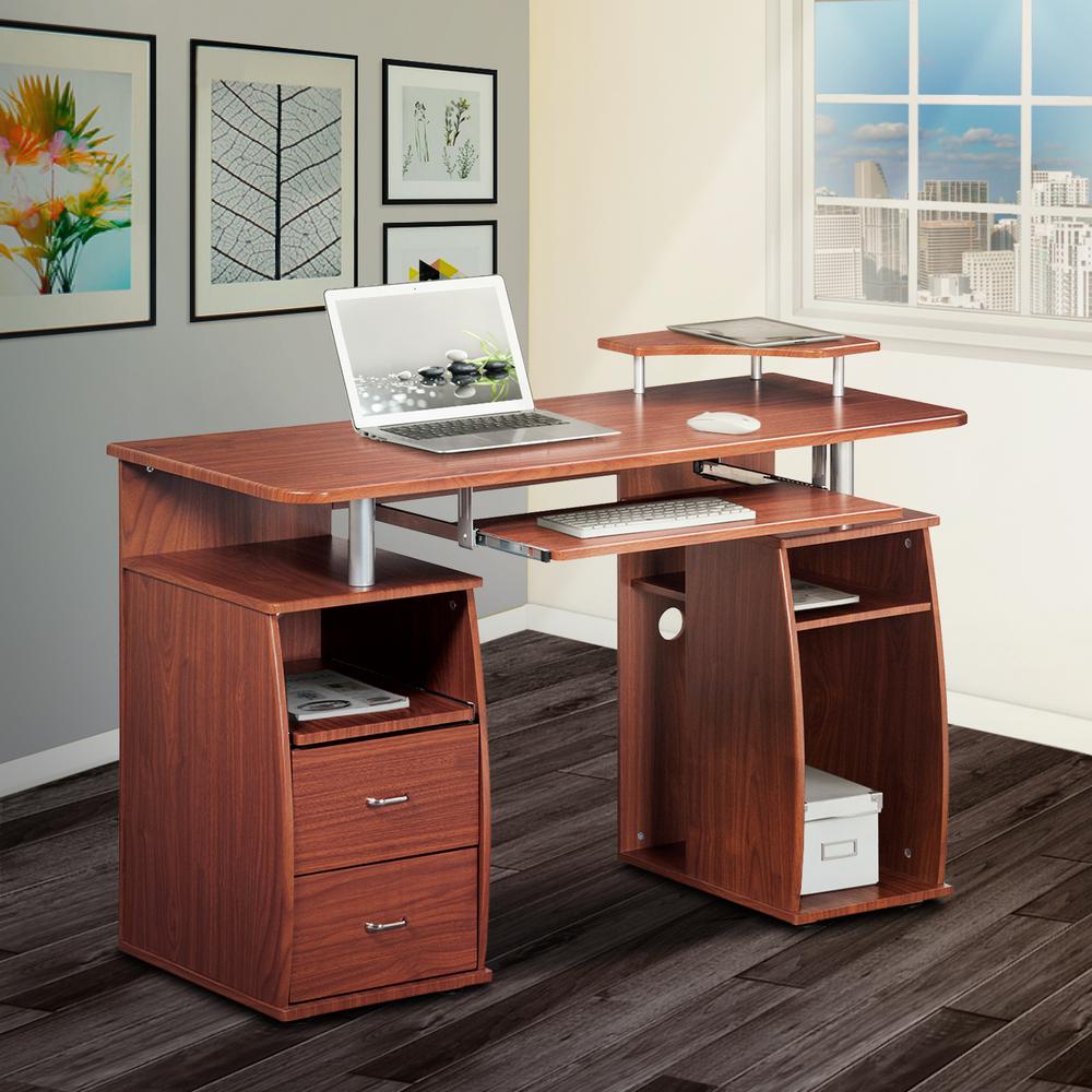 Techni Mobili Mahogany Complete Computer Workstation Desk With