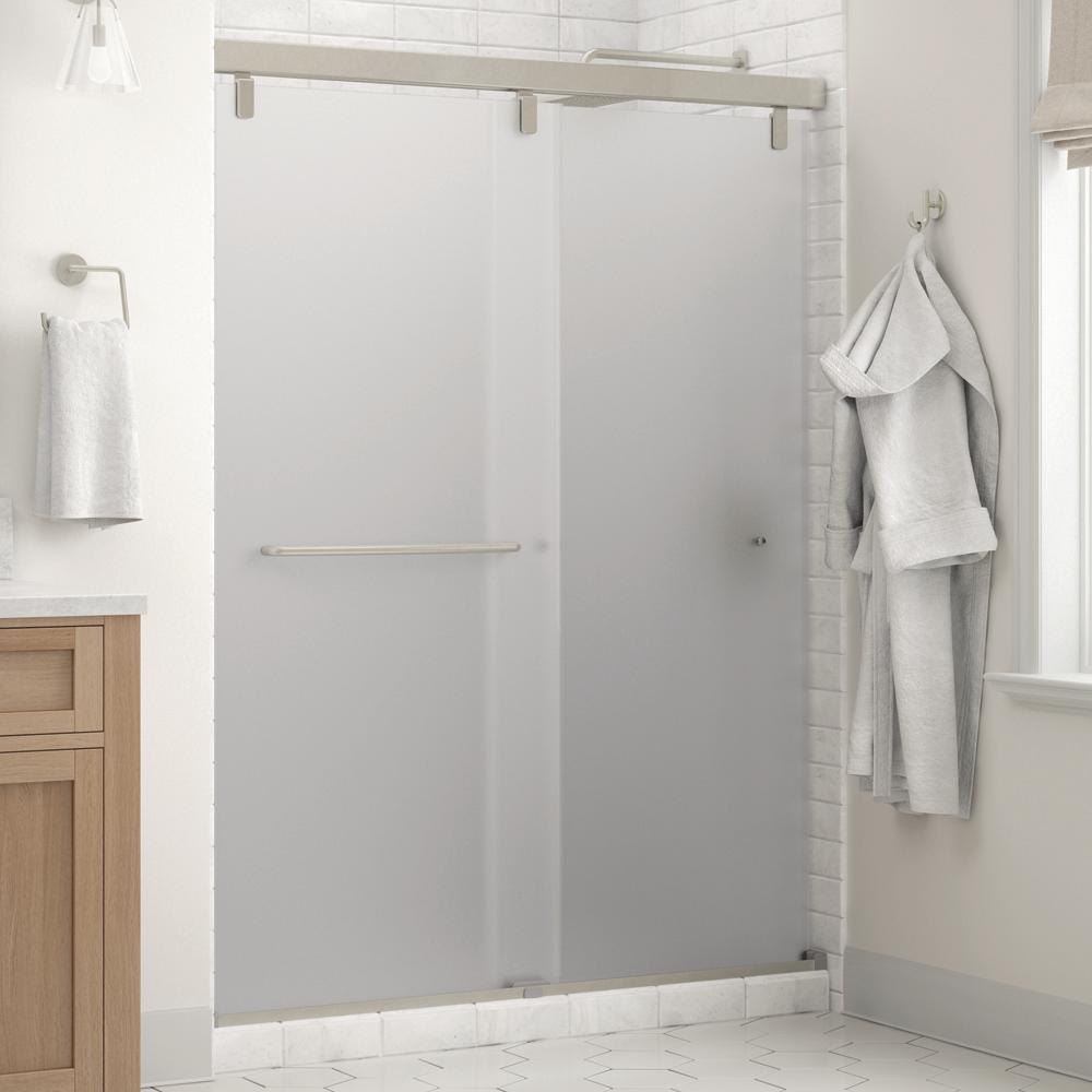 Delta Simplicity 60 X 71 1 2 In Frameless Mod Soft Close Sliding Shower Door In Nickel With 1 4 In 6mm Niebla Glass