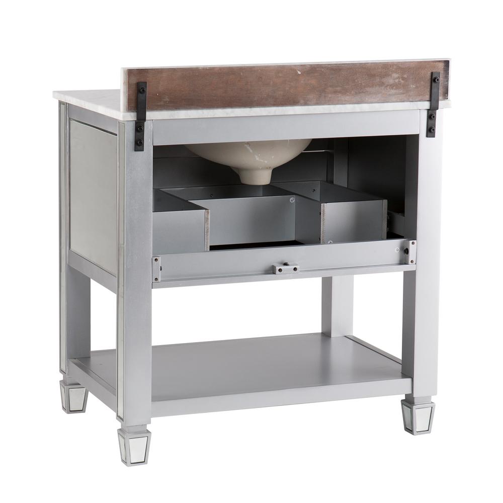 Southern Enterprises Pavel 33 In W X 22 8 D Bath Vanity Mirrored Finish With Gray Marble Top White Basin