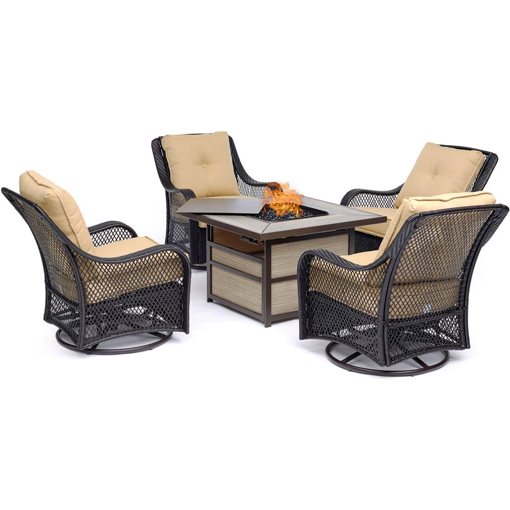 Hanover Orleans 5 Piece Wicker Patio Seating Set With Sahara Sand Hanover Orleans 5 Piece Wicker Patio Seating Set With Sahara Sand Cushions And Fire Pit