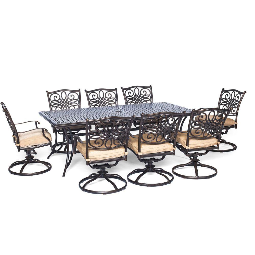 Traditions 9 Piece Aluminum Rectangular Patio Outdoor Dining Set W Eight Swivel Dining Chairs And Natural Oat Cushions