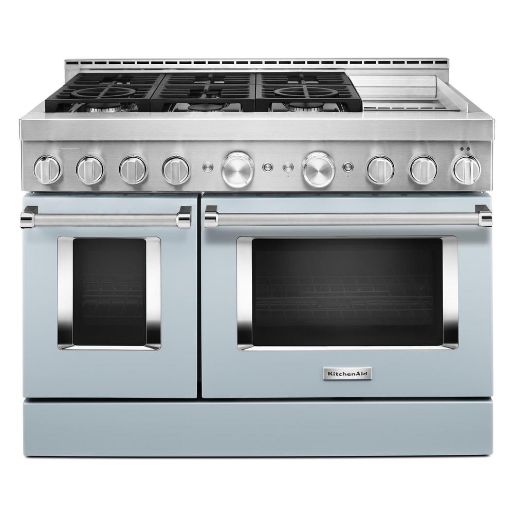 KitchenAid 48 in. 6.3 cu. ft. Smart Double Oven Commercial-Style Gas Range with Griddle and True Convection in Misty Blue For Sale