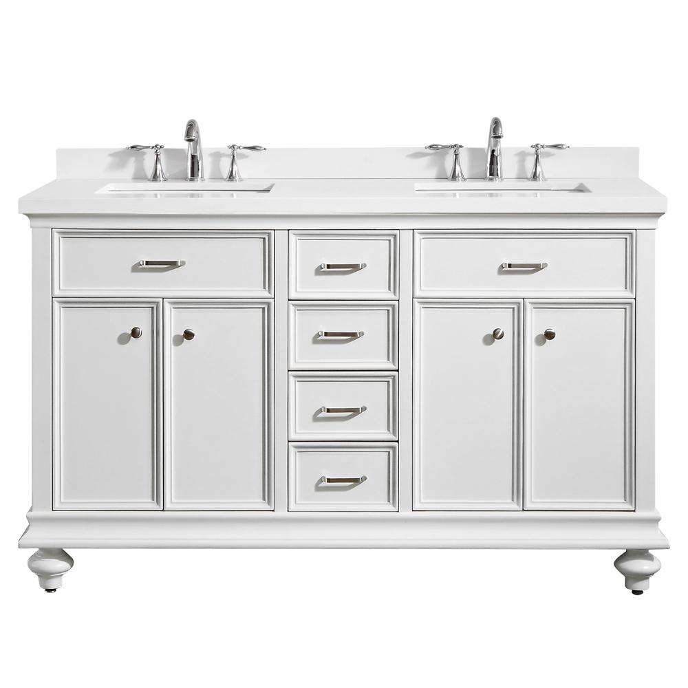 ROSWELL Charlotte 60 in. W x 22 in. D x 36 in. H Vanity in White with Quartz Vanity Top in White ...