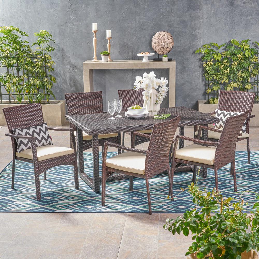 Noble House Knox MultiBrown 7Piece Wicker Outdoor Dining Set with