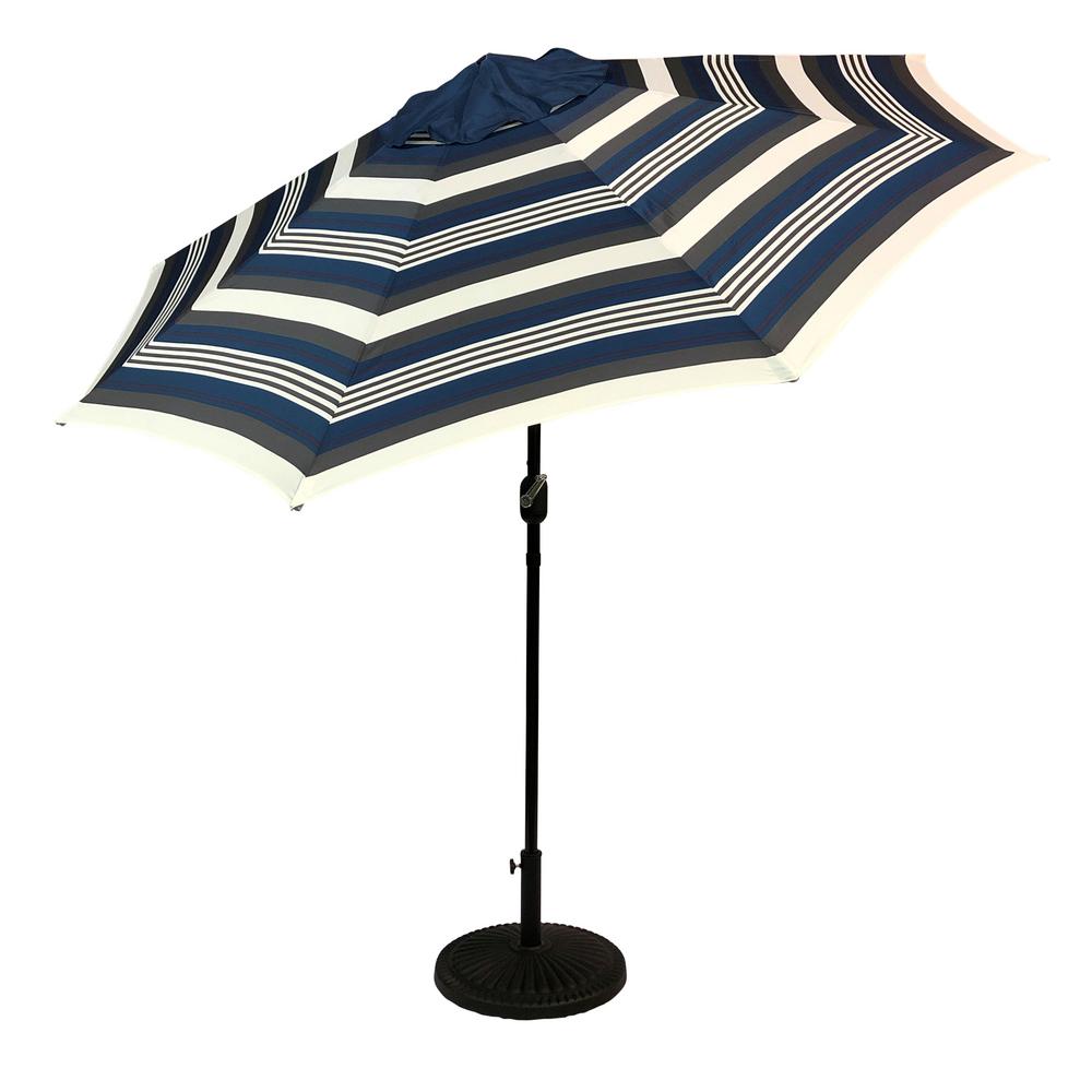 Sun Ray 9 Ft Steel Solar Lighted 8 Rib Round Market Patio Umbrella In Navy Striped 841006 The Home Depot