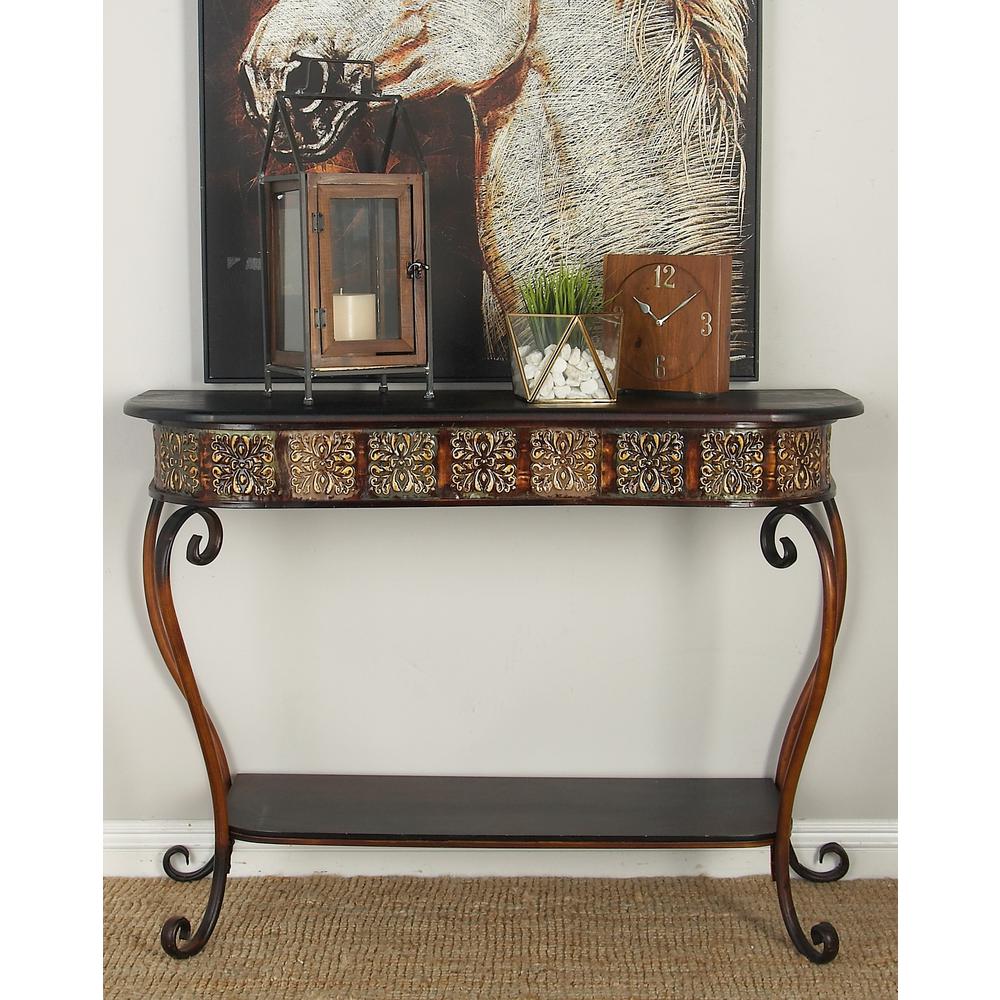 Litton Lane Brown Rounded Rectangular Console Table In Polished Dark Litton Lane Brown Rounded Rectangular Console Table In Polished Dark Merlot With Scrolled Legs And Bottom