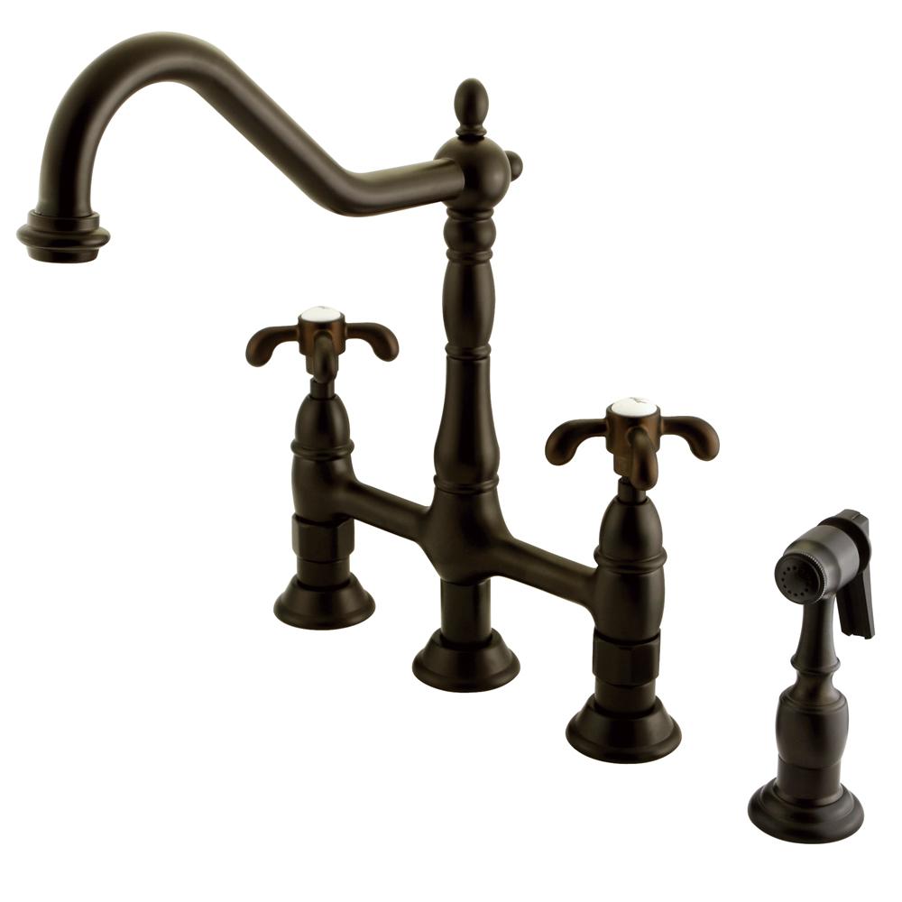 Belle Foret 2Handle Bridge Kitchen Faucet with Side Sprayer and Metal Lever Handles in Oil