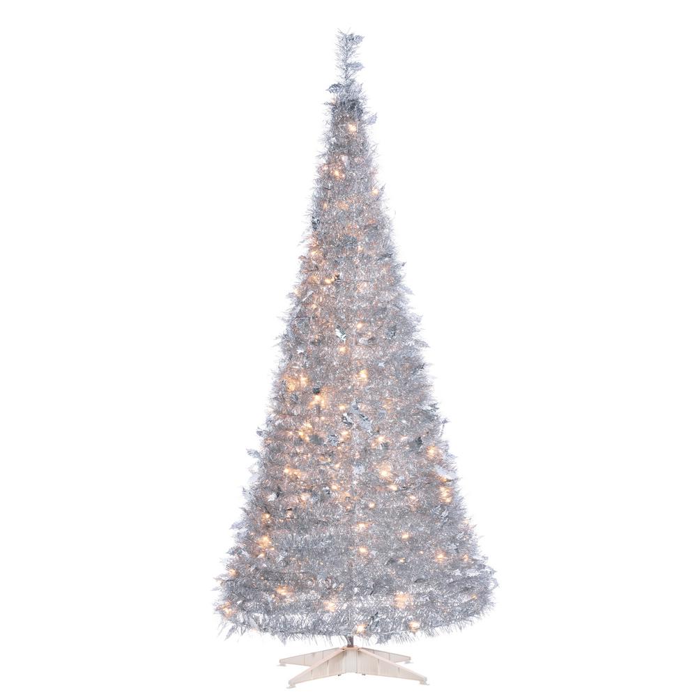 Sterling 6 Ft H Silver Popup Tinsel Tree With Holly Leaves 6449 60mlww The Home Depot