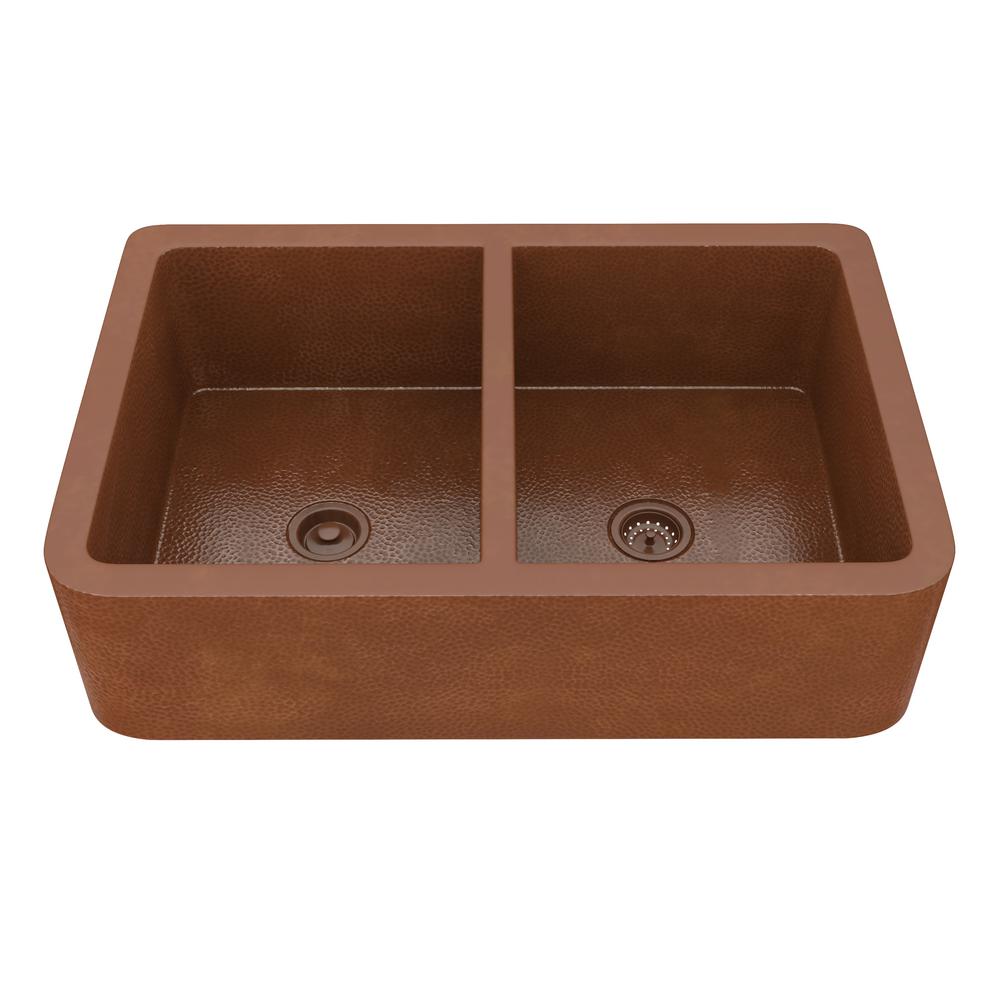 Anzzi Vilaasita Farmhouse Copper 33 In 50 Double Bowl Kitchen Sink With G Vine Design Hammered Antique