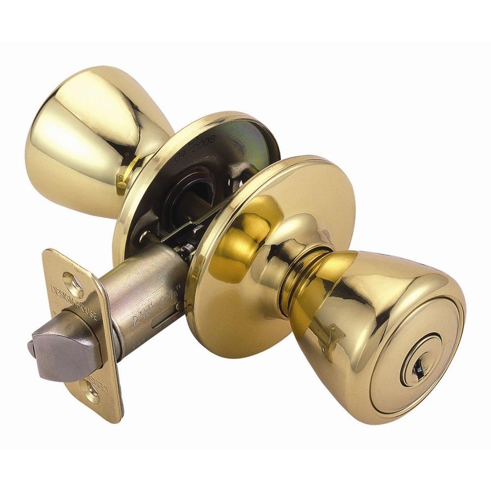 Round Basics Entry Door Knob With Lock Polished Brass