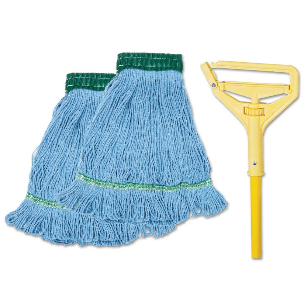 Looped-End Mop Kit, Medium, 60 inch Metal/Polypropylene Handle, Blue/Yellow