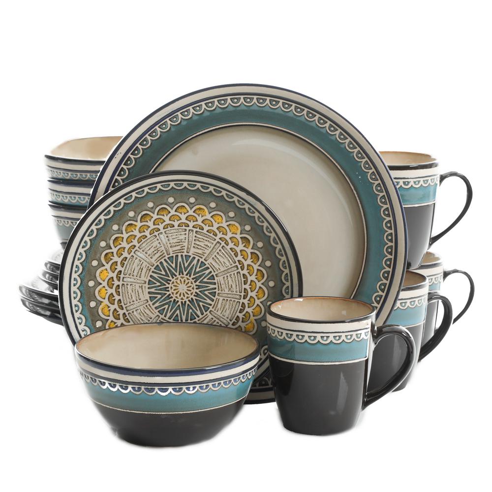 GIBSON elite Amberdale 16-Piece Patterned Teal Stoneware Dinnerware Set