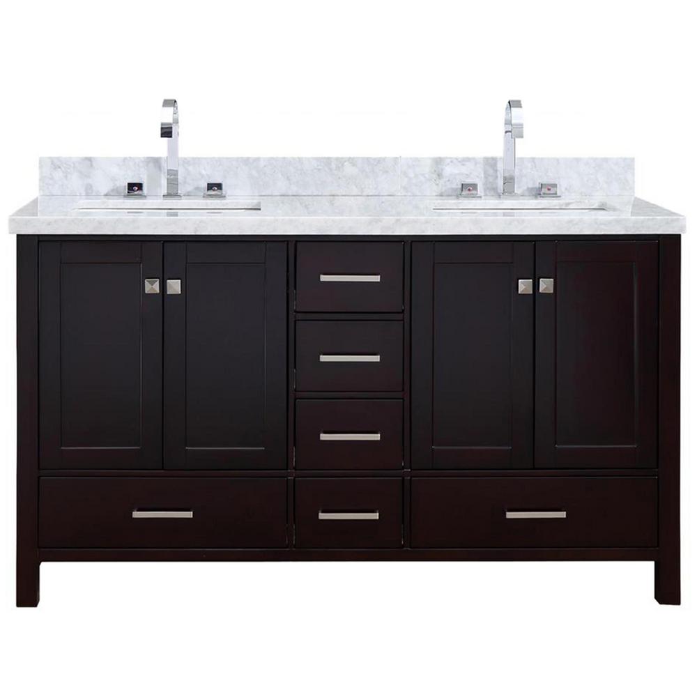 Ariel Double Sink Dark Brown Vanities With Tops Bathroom Bath Vanity In Espresso With Marble Top White