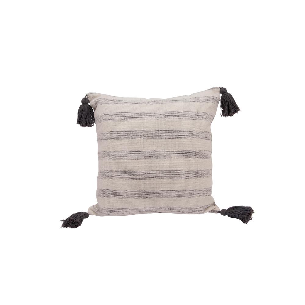 White & Grey Striped Cotton Woven Pillow with Tassels