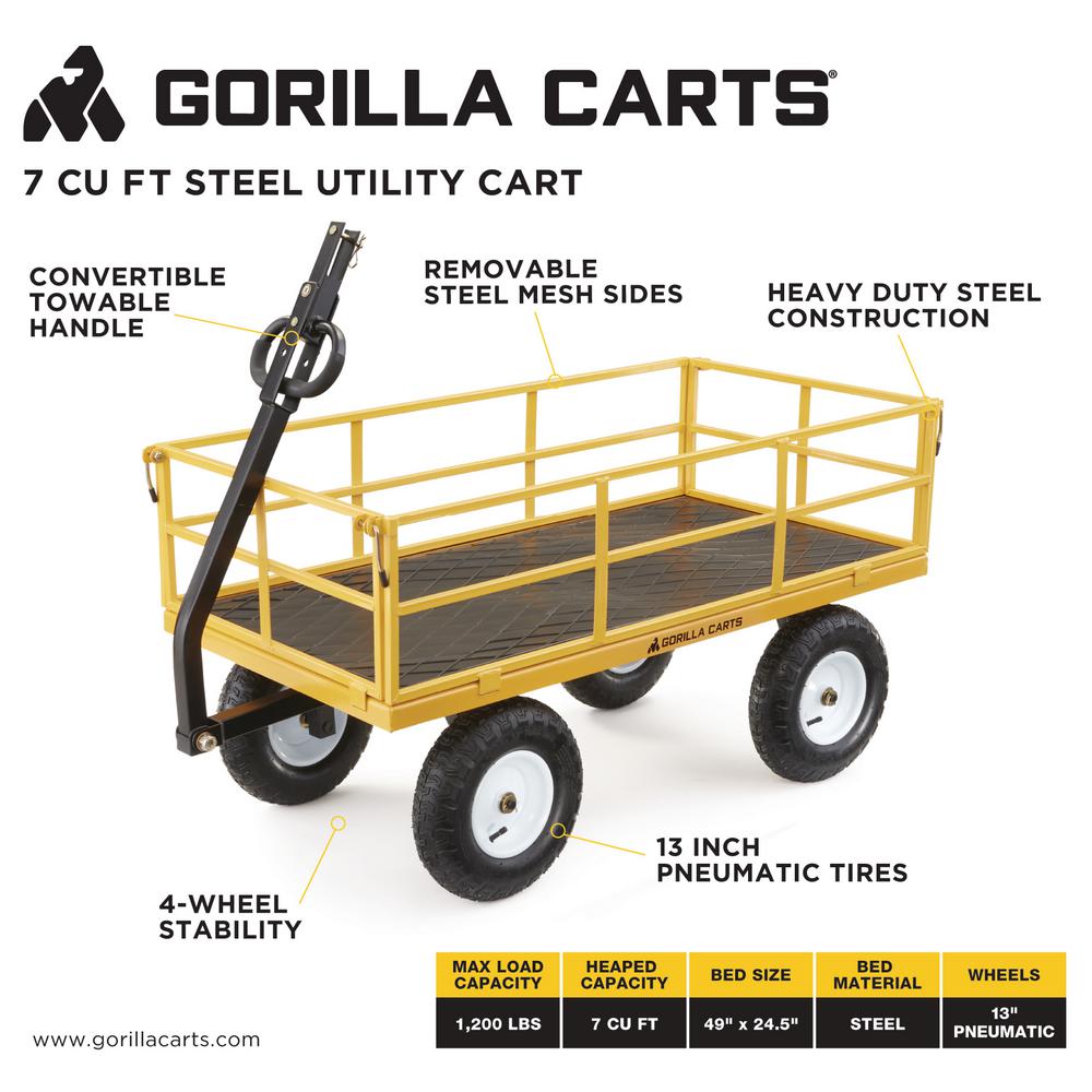 Gorilla Carts Utility Cart 1,000 lb HeavyDuty Steel Removable Side