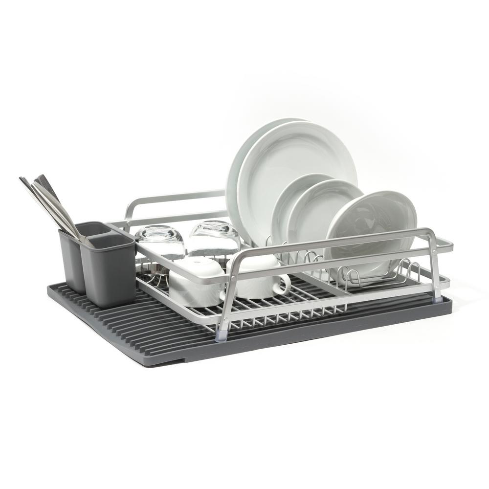 Ta Da Single Tier Aluminum Dish Rack With Self Draining Silicone Mat Single Tier Aluminum Dish Rack With Self Draining Silicone Mat In Dark Grey