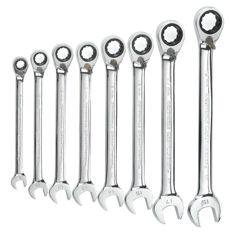 Gearwrench Metric Reversible Combination Ratcheting Wrench Set 8 Piece 9543 The Home Depot 