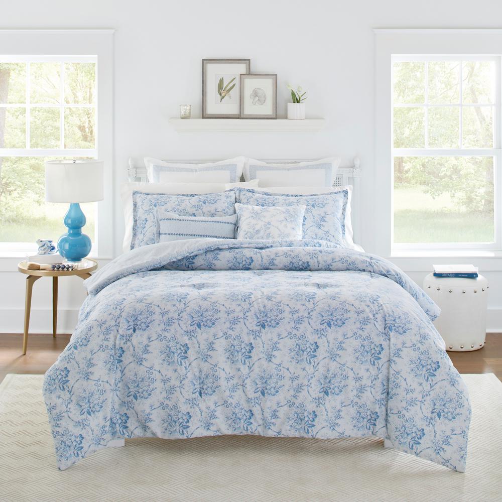 Laura Ashley Nina 5-Piece Blue Cotton Twin Comforter/Sham Set Bonus