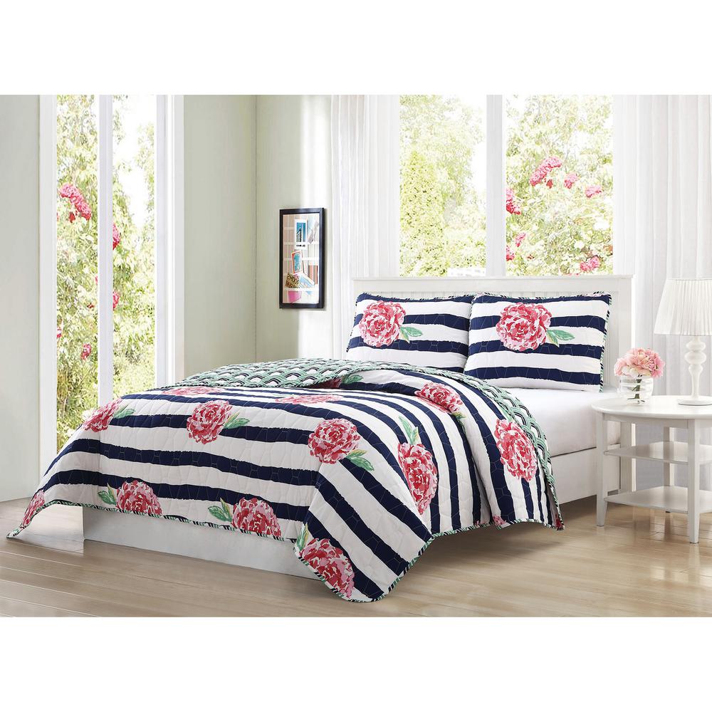 Marielle 3 Piece Navy Pink Green White Queen Quilt Set Ymz007303