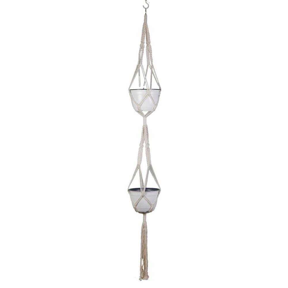 50 in. White Plastic Macrame Dual Plant Hanger with Two 6