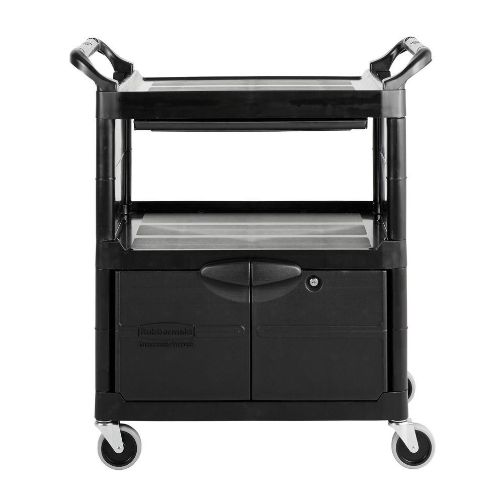 Rubbermaid Commercial Products Utility Cart with Lockable Doors, Sliding Drawer 4 inch Swivel Caster in Black