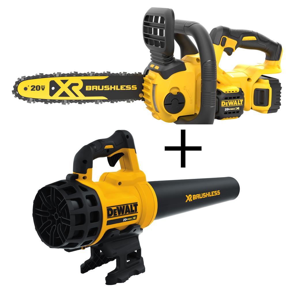Dewalt 20 Volt Max Lithium Ion Cordless 12 In Brushless Chainsaw With Bonus 90 Mph 400 Cfm Cordless Handheld Leaf Blower