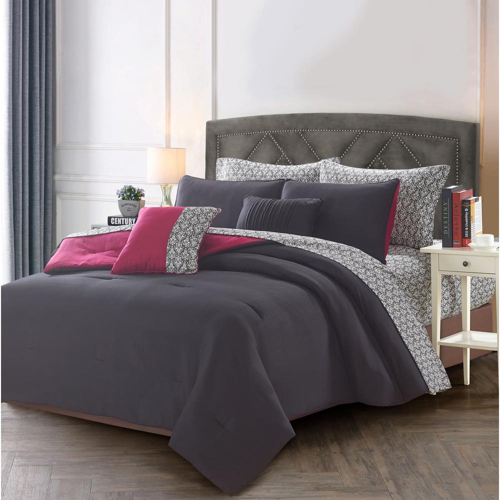 9 Piece Black Maroon Queen Bed In A Bag Set 13302 The Home