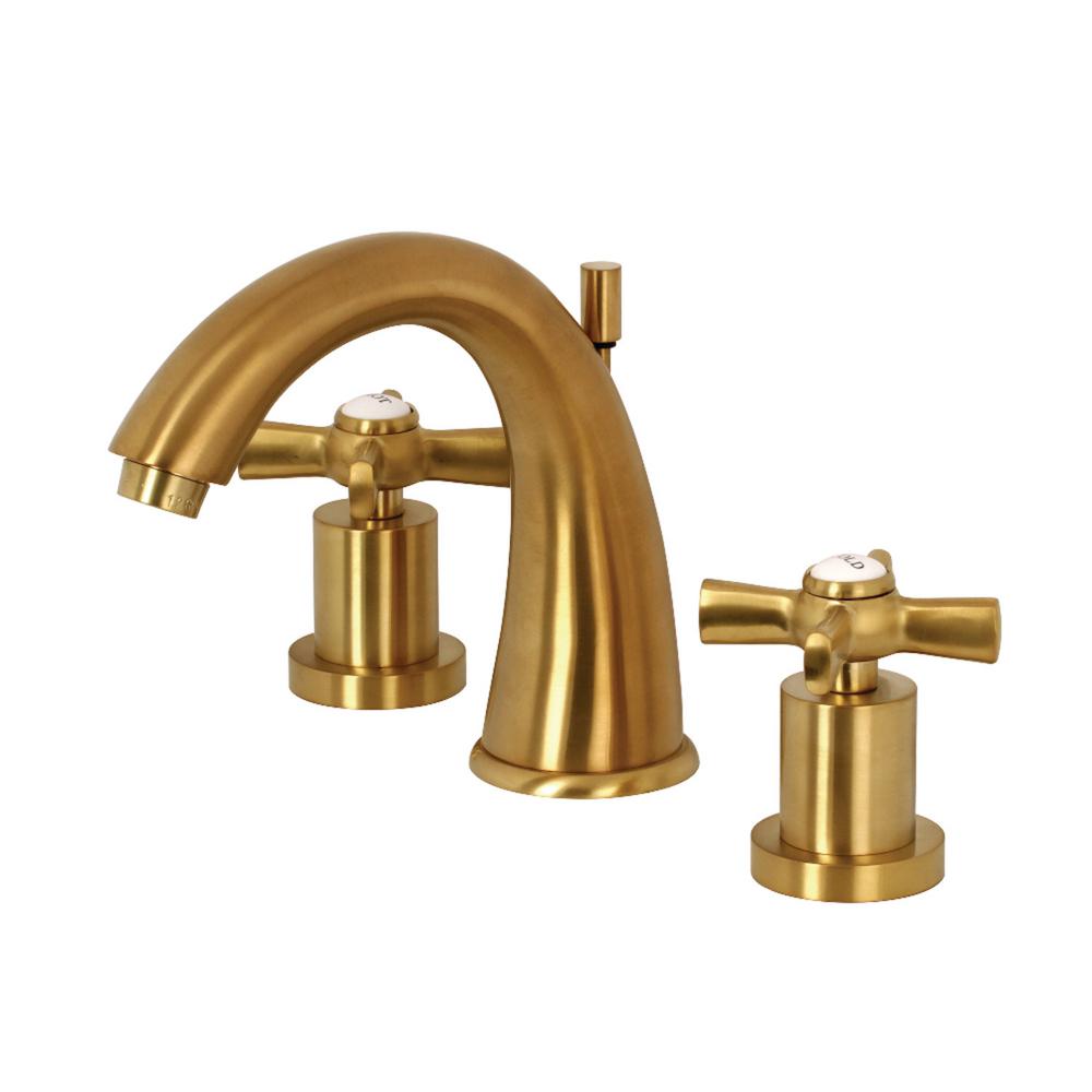 Kingston Brass Modern Cross 8 In Widespread 2 Handle Mid Arc Bathroom   Satin Brass Kingston Brass Widespread Bathroom Sink Faucets Hks2967zx 64 1000 